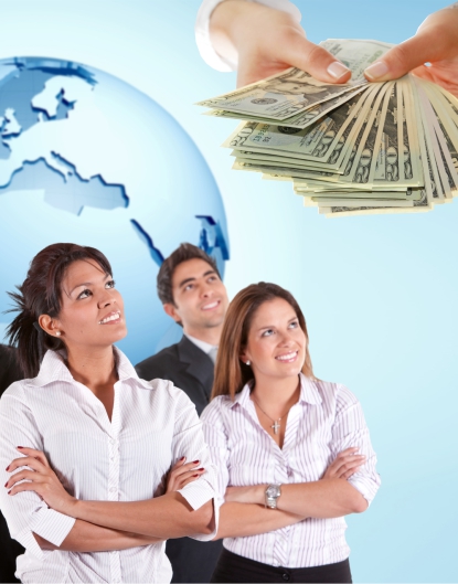 Three people looking up at hands holding a lot of cash money