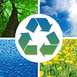The recycling logo with four different environmental images behind it The recycling logo with four different environmental images behind it