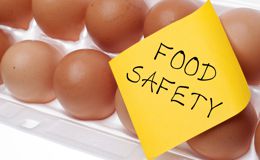 A dozen brown chicken eggs with a note saying Food Safety A dozen brown chicken eggs with a note saying Food Safety