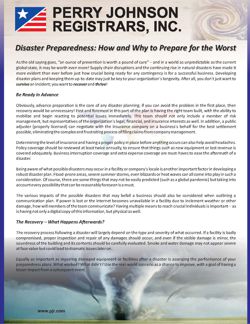 Disaster Preparedness: How and Why to Prepare for the Worst Disaster Preparedness: How and Why to Prepare for the Worst