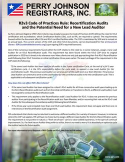 R2v3 Code of Practices Rule: Recertification Audits and the Potential Need for a New Lead Auditor R2v3 Code of Practices Rule: Recertification Audits and the Potential Need for a New Lead Auditor