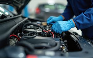 Mechanic testing a vehicle engine